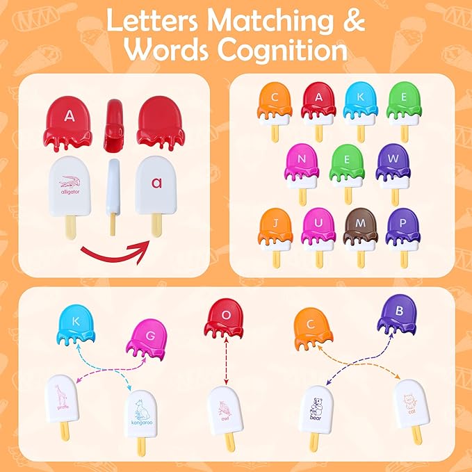 USATDD ABC Alphabet Learning Toys Alphabet Popsicles Animal Matching Toy Uppercase Lowercase Preschool Learning Activities Montessori Toys Back to School Gifts for Kids Ages 3+, 52 Pcs