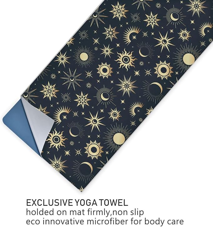 Non Slip Yoga Towel 73 x 27 in Gold Sun Moon Stars Sweat Absorbent Yoga Mat Towel for Hot Yoga, Pilates and Workout