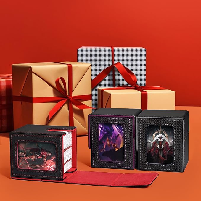UAONO Card Deck Box with MTG Commander Display, Deck Case Holds 100+ Double-Sleeved Cards, Trading Card Storage Box Fits TCG/PTCG/Sports Card with 2 Dividers, 1 Top Loaders (Black, Red)