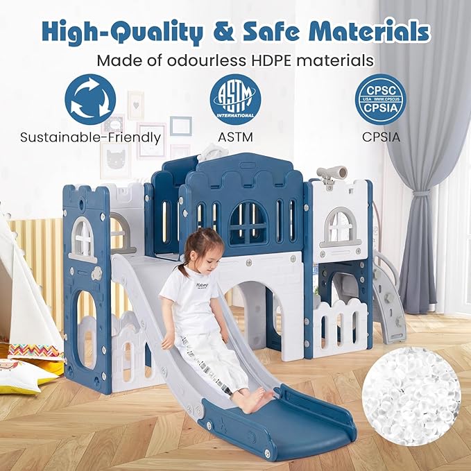 Costzon 8 in 1 Toddle Slide Playset, Freestanding Kids Slide w/Tunnel, Basketball Hoop, Toddler Climber Slide Playset Indoor Playground for Kids 1-3 w/Storage Space, Gifts for Boys Girls (Blue)