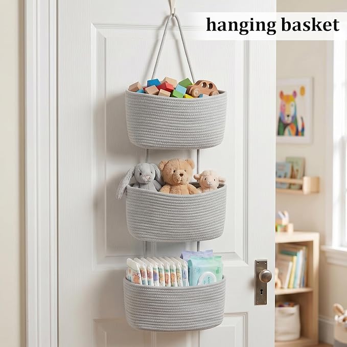 TeoKJ Over the Door Hanging Basket, 3-Tier Woven Cotton Wall-Mounted Storage Organizer Bag Decorative Hanging Nursery Baskets, Gray
