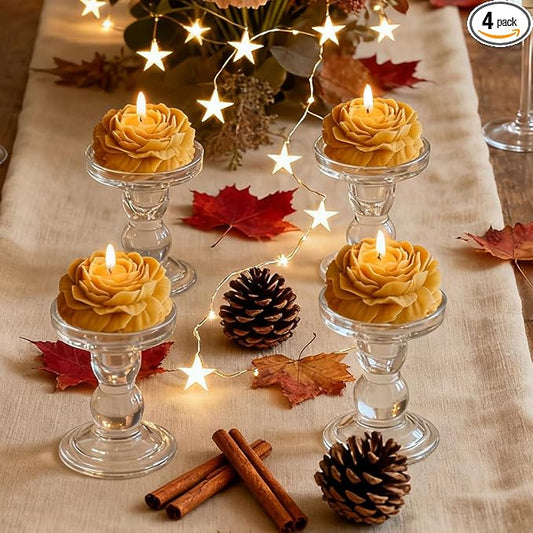 4 Pack Peony Flower Shaped Decorative Scented Candles, Floral Aromatherapy Decor for Wedding Bridal Shower, Dessert & Flower Cake Table, Birthday Gifts for Women Mom Wife (Mustard Yellow)