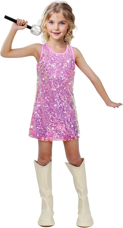 Girls Sequin Dress Sparkly Sleeveless Costume Prom Concert Party Outfit with Glitter Microphone Prop