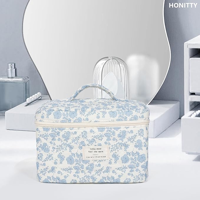 honitty Makeup Bag,Quilted Cosmetic Bags,Large Floral Make Up Bags for Women, Makeup Organize,Flower Travel Toiletry Bag