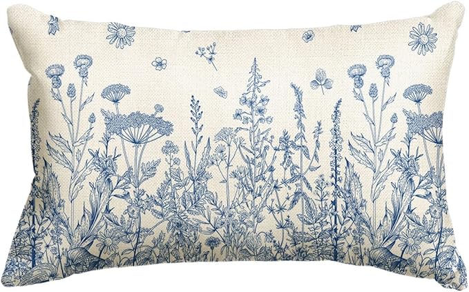 AVOIN colorlife Wildflowers Spring Blue Throw Pillow Cover 12x20 Inch | Summer Floral Cushion Case Decoration for Home Sofa Couch