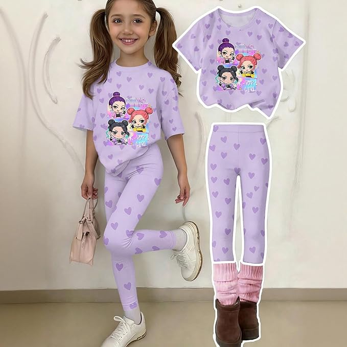 K Pop Short Sleeve T-Shirt and Pants Outfits Set for Girls Hunters Rumi Mira Zoey Graphic Tees De-Mon Kids