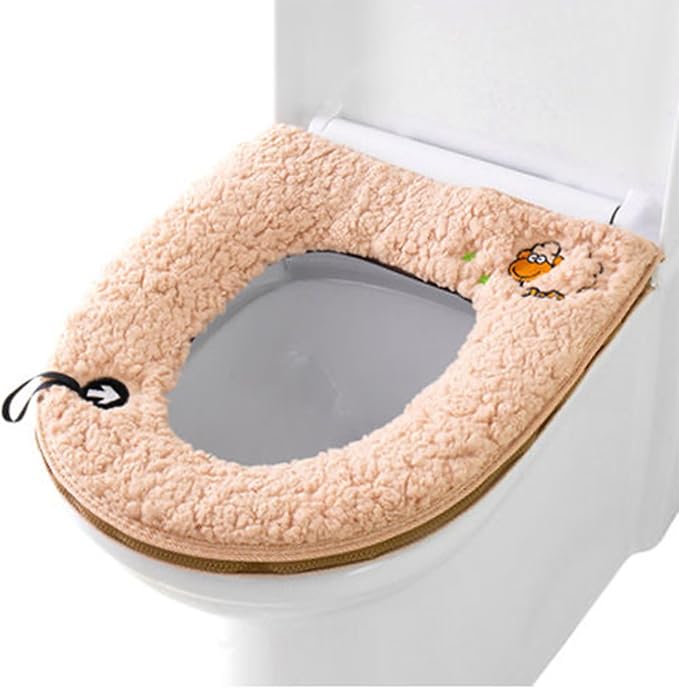Warm Plush Toilet Seat Cover:Thicken Toilet Seat Pad with Hanging Loop and Zipper, Bathroom Soft Toilet Seat Covers Washable Cushion (Brown)