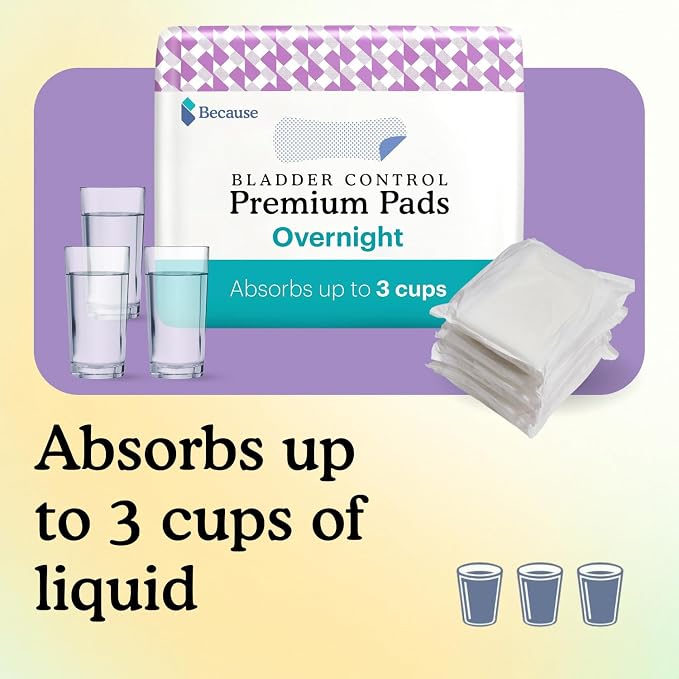 Because Incontinence Pads for Women - Extra Heavy Absorbency, Overnight Postpartum Incontinence Liners, 12hr Nighttime Leak-Free Protection, 20 Count