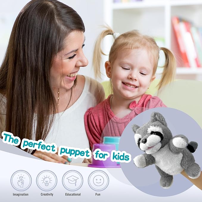 Hand Puppets Raccoon Puppets,9" Realistic Stuffed Animal Puppets for Toddlers Raccoon Stuffed Puppets for Kids with Movable Mouth,Raccoon Hand Puppets for Adults Hand Puppets for Toddlers 3