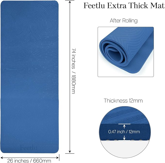 Extra Thick 12mm Exercise Mat – 74"L x 26"W Inch, Non-Slip, Joint-Friendly & Cushioned Fitness Mat for Yoga, Pilates & Floor Workouts – Durable, Supportive & Includes Feetlu Classic Strap