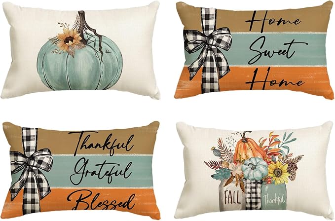 AVOIN colorlife Fall Pumpkin Home Sweet Home Throw Pillow Covers, 12 x 20 Inch Autumn Thankful Grateful Blessed Harvest Floral Decorations for Sofa Couch Set of 4, Blue