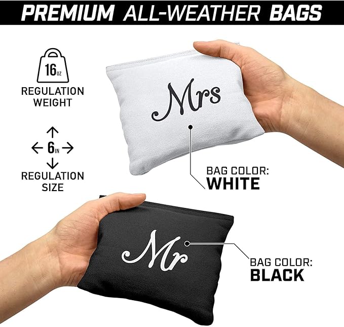 GoSports Wedding Theme Cornhole Bag Set - Includes 4 Black Mr Bags and 4 White Mrs Bags