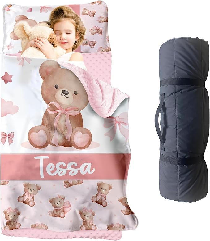 Personalized Toddler Nap Mat for Girls – Custom Name Kids Nap Mat – Daycare Sleeping Mats with Removable Pillow and Soft Minky Dot Blanket for Preschool, Travel, Kindergarten