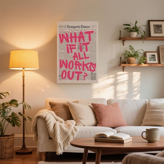 What If It All Works Out Poster Retro Newspaper Pink Wall Art Positive Affirmation Quote Minimalist Canvas Painting Prints Wall Decor Aesthetic for Home Bedroom Office 24x36inch Wrapped Framed