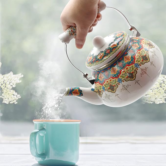 Anxingo Colorful Water Tea Kettle,Tea Kettle Pot for Stove, Top Porcelain Large Enamel Tea Kettle 2.5L,Retro Classic Design (style3)
