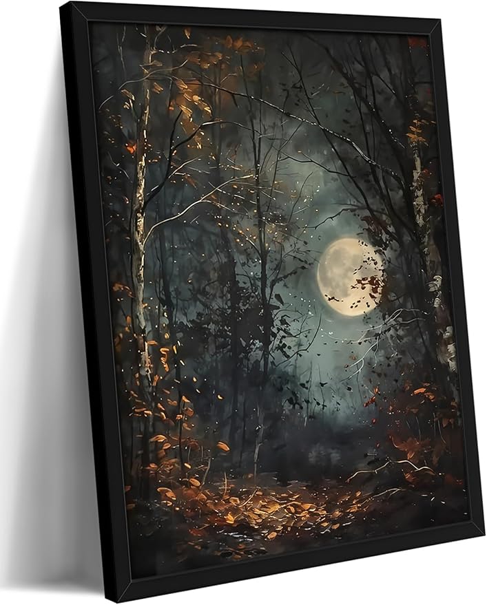 Vintage Framed Wall Art, Forest Gothic Decor, Dark Academia Celestial Moon Canvas Prints, Moody Landscape Painting Wall Decor for Living Room Bedroom – Black Wooden Frame 16x24in
