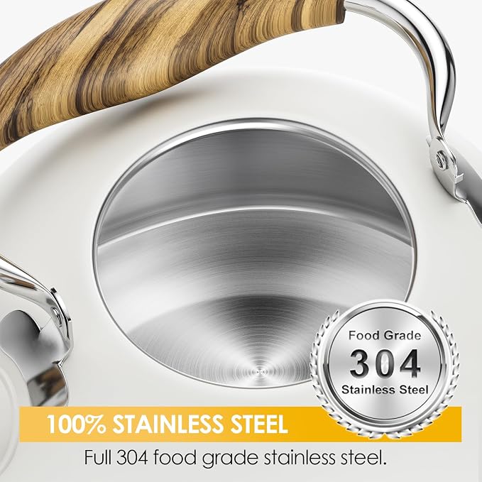 2.6 Quart Tea Kettle Stovetop Whistling for Stove Top, Cream | Food Grade Stainless Steel Tea Kettles with Cool Wood Pattern Handle, Induction Compatible