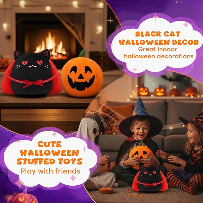 Halloween Pumpkin Plush Toy, Reversible Vampire Black Cat Stuffed Animal with Red Cloak, Cute Halloween Plushies Gift and Party Decoration for Boys Girls 10 Inch