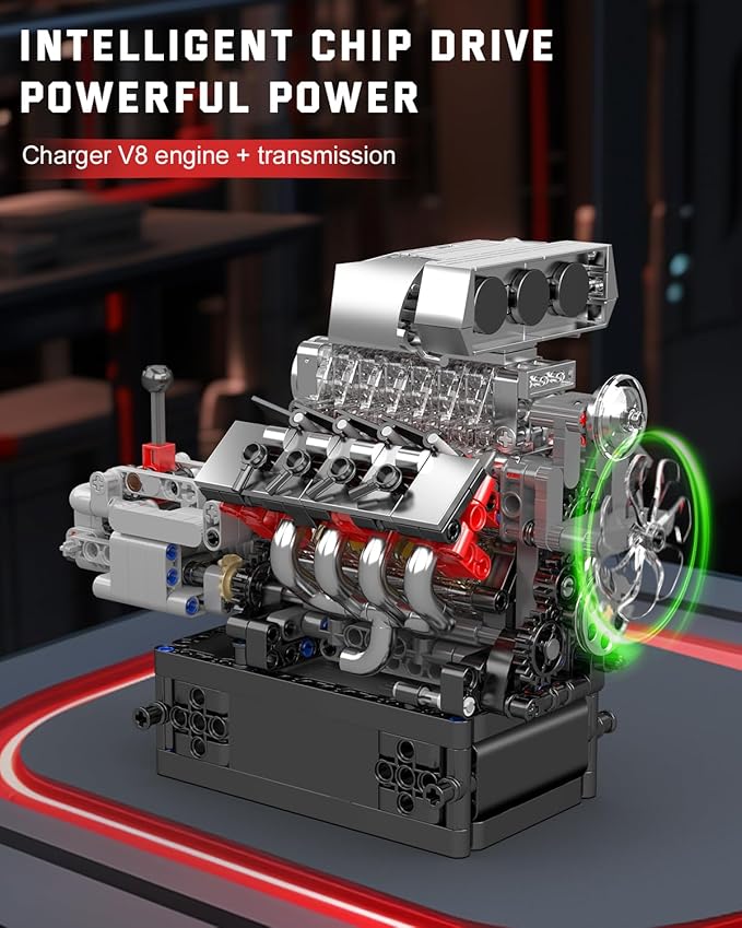 Mould King 10225 V8 Engine Model kit That Runs- Build Your Own STEM V8 Model Engine with Transmission, 8-Cylinder Car Engine kit Building Engineering Toys for Adults Collections (855+PCS)