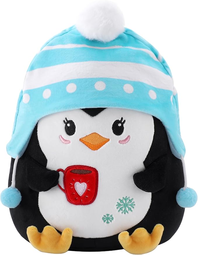 Christmas Penguin Plush Toy: 8-Inch Cute Penguin Stuffed Animal with Striped Knit Hat Soft Christmas Plushie Pillows Winter Holiday Decor Gifts for Kids and Adults
