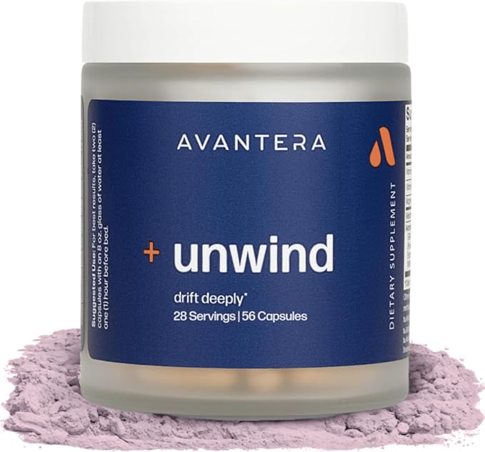 Avantera Unwind - Stress and Sleep Supplement for Adults - Support Healthy Stress Levels & Improve Sleep Efficiency - Magnesium, Melatonin, Ashwagandha, & More - 56 Vegan Capsules