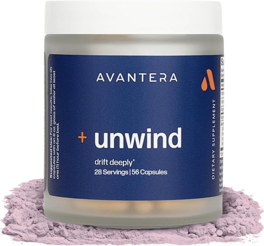 Avantera Unwind - Stress and Sleep Supplement for Adults - Support Healthy Stress Levels & Improve Sleep Efficiency - Magnesium, Melatonin, Ashwagandha, & More - 56 Vegan Capsules