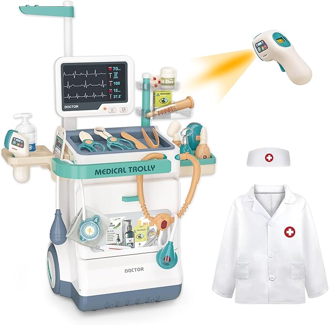 Deluxe Doctor Kit for Toddlers, Pretend Medical Station Set for Boys & Girls, 28 Accessories,Mobile Cart with Lights, Includes Doctor's Uniform、Thermometer, Doctor Kit for Kids 3-5 Years Old