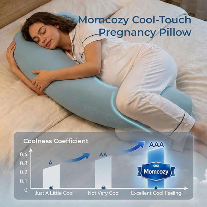 Momcozy Pregnancy Pillows with Cooling Cover, J Shaped Maternity Body Pillow for Pregnancy, Breathable & Stretchy Cooling Fabric, Full Body Support for Head, Neck, Belly, HIPS, Mist Blue