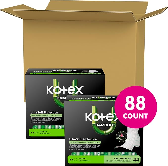 Kotex Bamboo Ultra Thin Pads with Wings, Heavy Absorbency, 88 Count (2 Packs of 44)(Packaging May Vary)