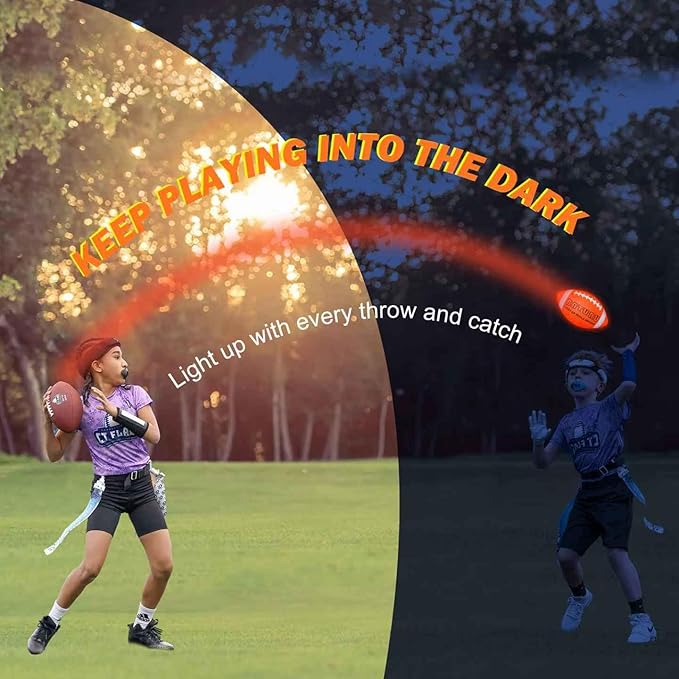Light Up Football, Glow in The Dark Balls Toys, Junior NO 6 - Birthday Gifts for Boys Kids Teen Youth 8 9 10 11 12 Year Old, Catch Games in Backyard Evening, Camping, Beach, Outdoor (Orange+White)