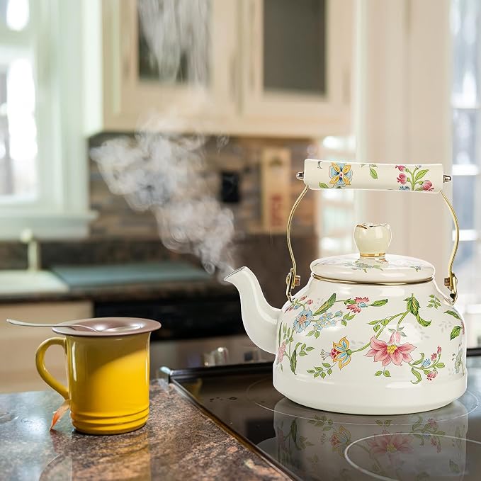 Jucoan 2.6 Quart Vintage Enamel Tea Kettle, Green Floral Stovetop Water Kettle Teapot with Porcelain Handle for Home Kitchen Camping Tea Party, Gift for Bridal Shower Wedding Housewarming Mother's Day