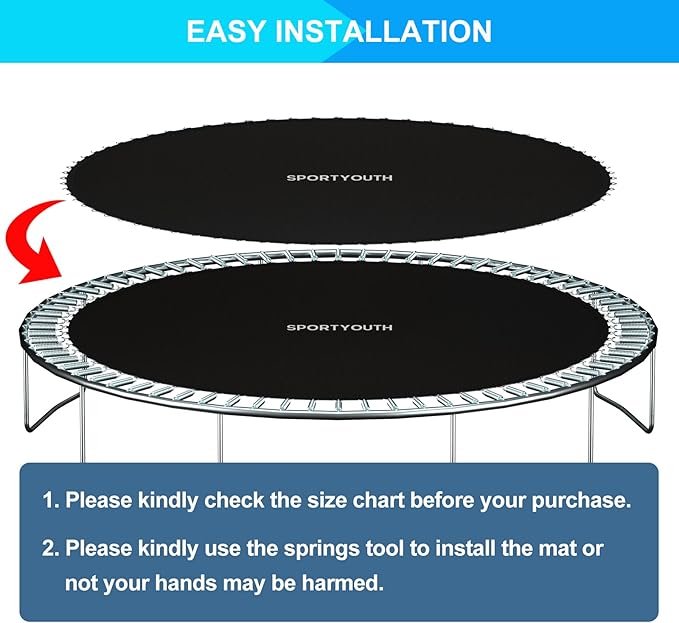 SPORTYOUTH Trampoline Replacement Mat, Fits 12ft 14ft 15ft Round Trampolines Frame with 72/88/96 V-Rings Using 5.5/6.5/7 in Springs, Water-Resistant, UV Resistant, Good Jumping Bounce