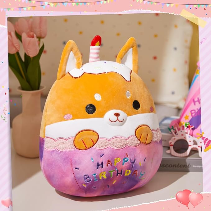 Athoinsu 14" Happy Birthday Dog Stuffed Animals Cute Shiba Inu Soft Puppy Plush Pillow Birthday Decor Toys with Candles Kawaii Plushie Gifts Toys for Toddlers Kids Boys Girls