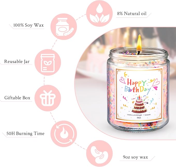 Luxury Scented Candles Gift Set-100% Natural Soy Wax, 50H Clean Burn, Hand-Poured, Relaxing Aromatherapy for Home, Bedroom, Yoga &Spa,9oz, Birthday Candles（Vanilla Cream Sugar）