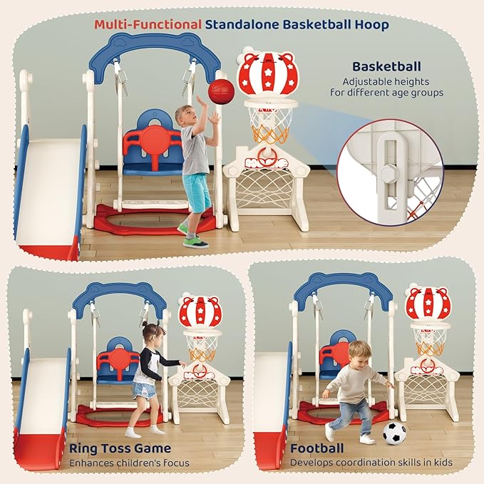 Toddler Slide, 6 in 1 Toddler Playset - Upgrade with Kids Slide, Swing, Soccer and Ring Toss for Age 1-3, Indoor and Outdoor Playground
