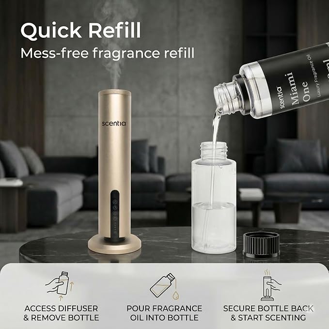Scentia Wireless, Cold Air, Waterless Hotel Scent Diffuser for Home,Office or Spa Aromatherapy | Includes Premium USA-Made Oil Blend | App Controlled, | Covers 1500 Sq Ft | 72 Hrs in 1 Charging |Gold