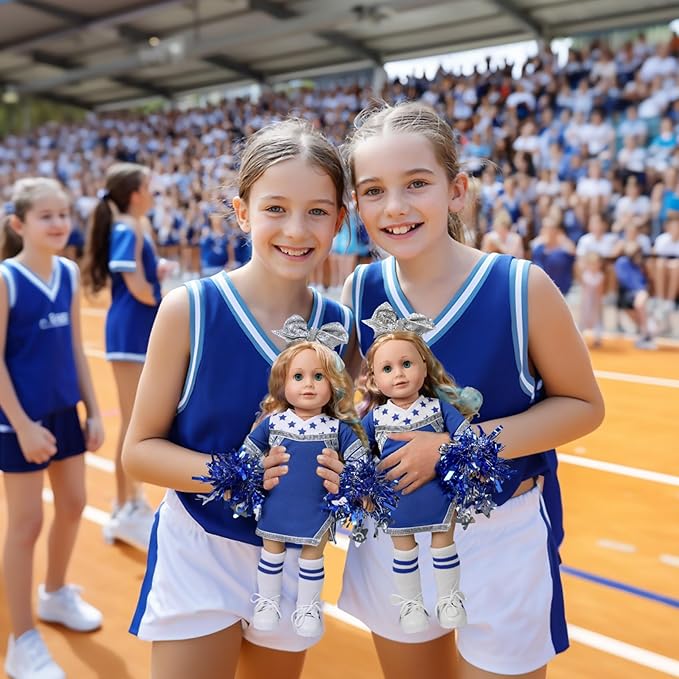 ARTST Cheer Uniform Doll Outfit-18 inch Doll Clothes & Accessories Set Including Pom Poms,Shoes,Socks and Hairbow,Sport Gifts for Girls Age 6+(Blue and White)