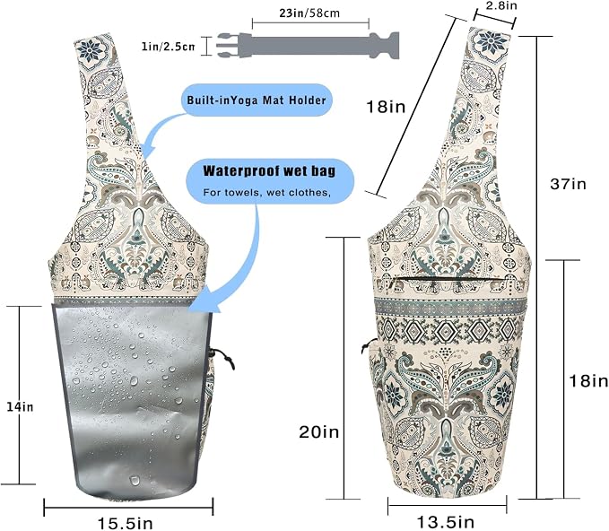 Yoga Mat Bag - Large Opening Long Tote Yoga Mat Carrier Holder Bag with Waterproof Wet Zipper Pocket and Drawstring Water Bottle Pocket - Yoga Bag Fit Most Size Mats