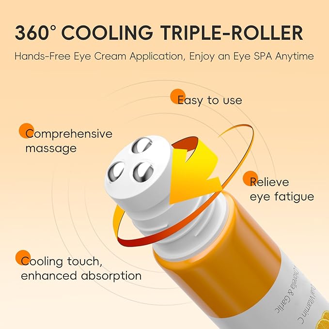 AKARY Dual Vitamin C Eye Cream, Hydrating Under Eyes Cream for Dark Circles and Puffiness with Triple-Roller Massage Ball Reduce Bags, Wrinkles and Fine Lines Eye Bags Treatment for Men/Women