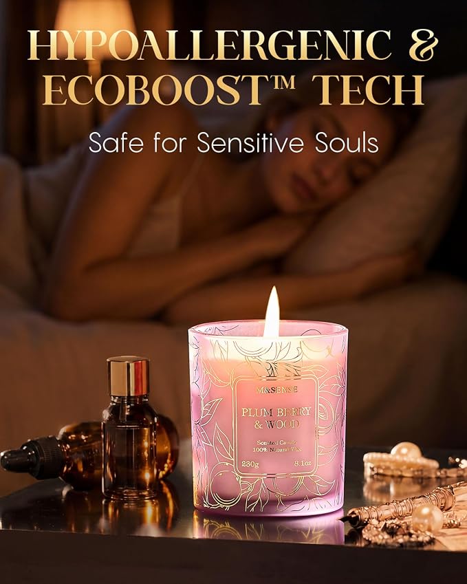 M&SENSE Plum Berry Wood Soy Candle, 8.1oz Gilded Glass, Fall Warmth Gift | 42H Long Burn, Non-Toxic, Cozy Relax Romantic Home Fragrance, Warmer Compatible, Reusable Glass, Sensitivity-Safe