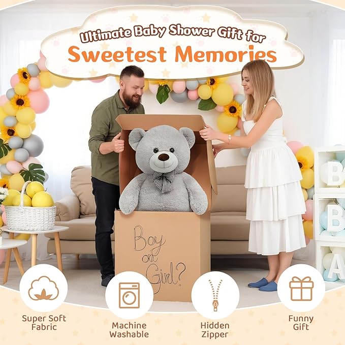 MorisMos Bow Tie Giant Teddy Bear 4 Feet, 47inch Stuffed Animal Big Large Teddy Bear Plush, Classic Girlfriend Boyfriend Gift, Gray