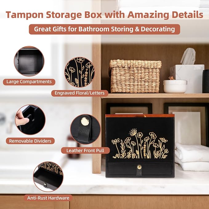 2-Layer Solid Wood Tampon Box Storage Organizer, 100% Wood Bathroom Feminine Accessories Holder with Drawer, Dual-Compartment Holder for Pads, Tampons, & Liners, Gold Floral, Gifts for Women