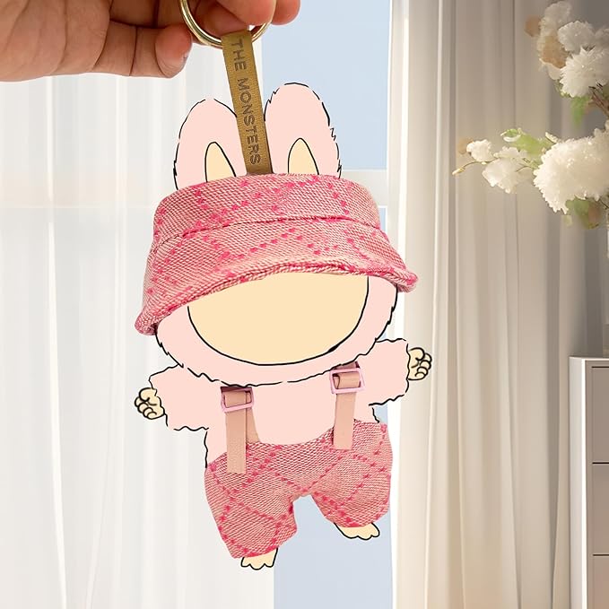 17 cm Doll Clothes Set, Pink Hat & Overalls Clothes 2-Piece Set for 15/17 cm lab, Stylish Adorable Accessories for Doll, Stylish Outfit for Boys Girls Birthday Collectors (2PC Pink)