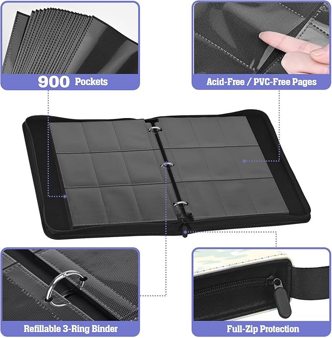 Trading Card Binder TCG, 900 Pockets, 50 9-Pocket Sheets, 3-Ring Refillable Album Fits Standard 2.5"×3.5" Cards, Zippered PU Cover, Acid-Free Top-Loading Pages, Wrist Strap - Axolotl Design