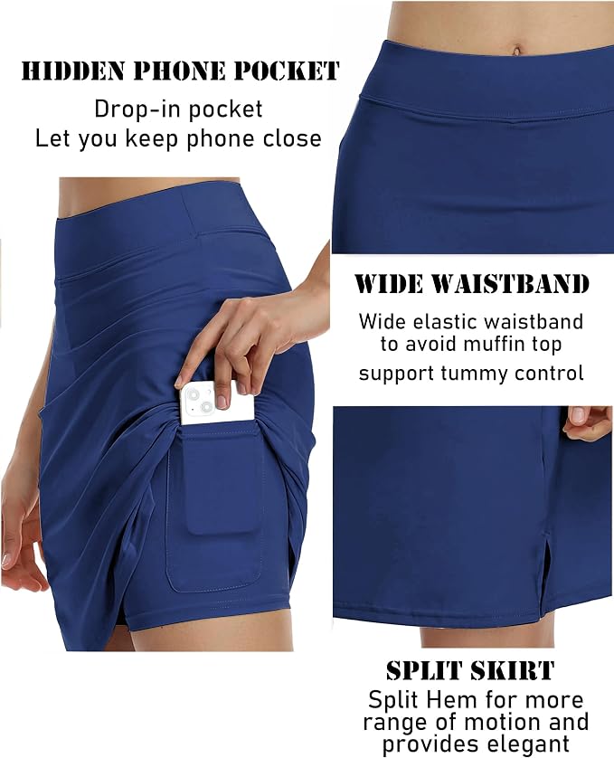 COOrun Women's 20" Knee Length Skirts High Waisted Golf Skorts with Pockets | Soft, Quick Dry, Split Hem, Built-in Shorts, A-line, Modest Skirts, for Golf Athletic Tennis Work Casual