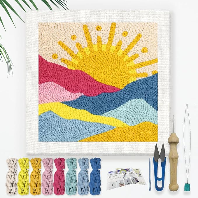 Doodlream Colorful Mountain Sun DIY Punch Needle Embroidery Kit for Adult Beginner, 9.4" Landscapes Punch Stitching Craft Set for Starter with Frame,Fabric Pattern,Threader, Yarn, Pinch Needle