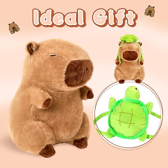 Capybara Plush 15.75 inch with Turtle Backpack Soft Capybara Stuffed Animals Capybara Hugging Gifts Capybara Doll Pillow for Kids Girls Toys (Turtle Capybara Brown 15.75 inch)