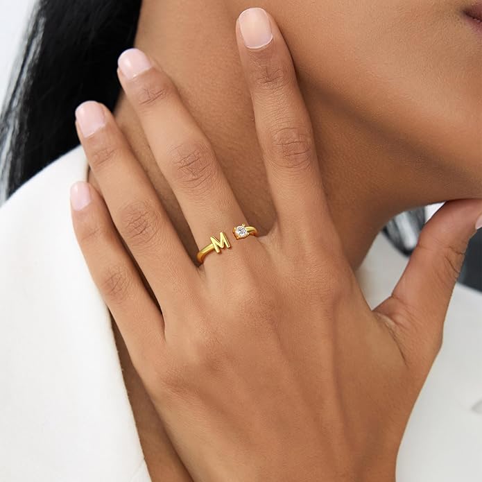 Valentines Day Gifts for Kids Teen Girls, 14K Gold Plated Adjustable Initial Rings for Women Teen Girl Trendy Stuff Birthday Valentines Day Gifts for Women Wife Mom Jewelry