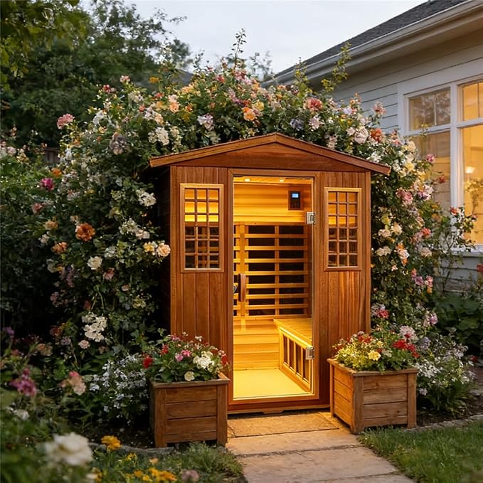 Kanlanth Outdoor Sauna 4 Person Low EMF Far Infrared Sauna for Home, 2050W Mahogany Wooden Sauna Room for Outdoor Indoor Home, with Blue-Tooth, LCD, LED