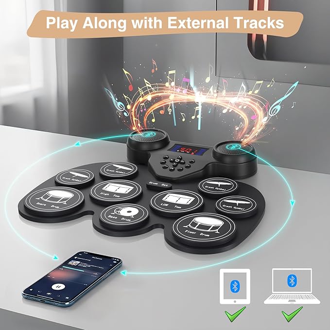 Electric Drum Set with 7 Colorful LED Light Patterns, Enhanced Rebound Feel Electronic Drum Kit Featuring 9 Pads, Bluetooth MIDI, and Dual Speakers, Family Gift for Kids and Adult Beginners